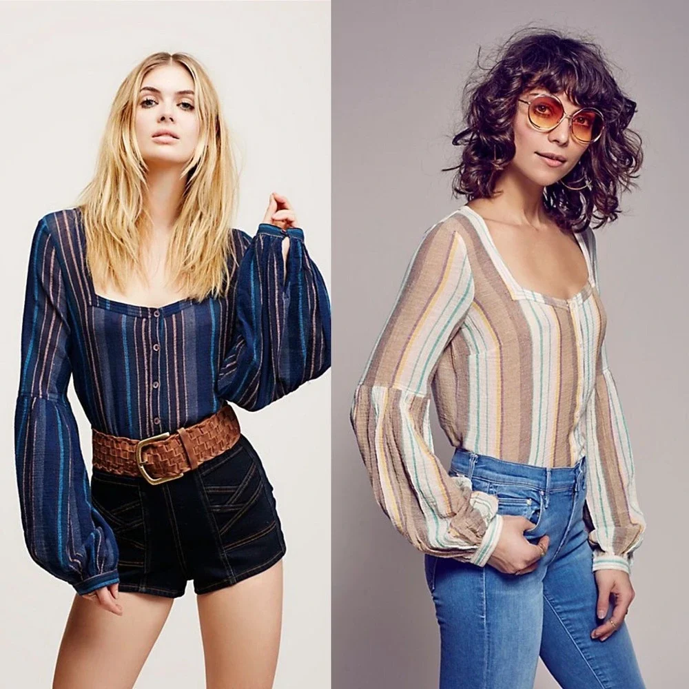 FREE PEOPLE Size S Gauze Button Down Stripe Cotton Blouse Wide Pleated Sleeve